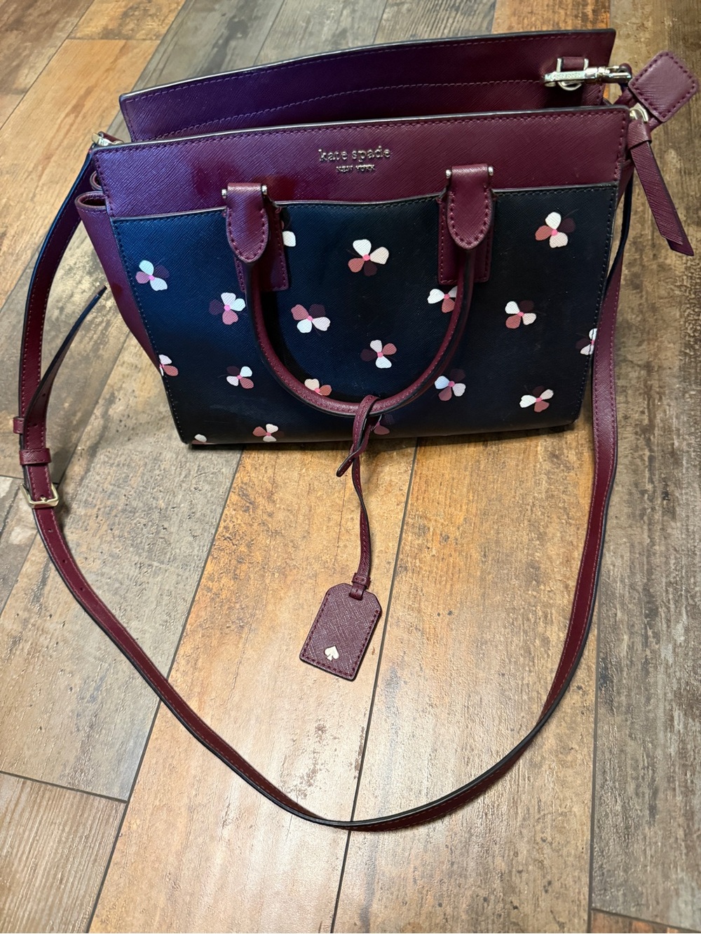 kate spade Black Floral Print Leather Satchel with Burgundy Trim